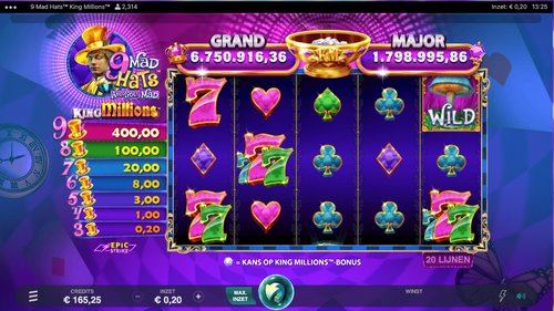 9 Mad Hats King Millions symbolen met stacked mad hats en jackpotdiamanten