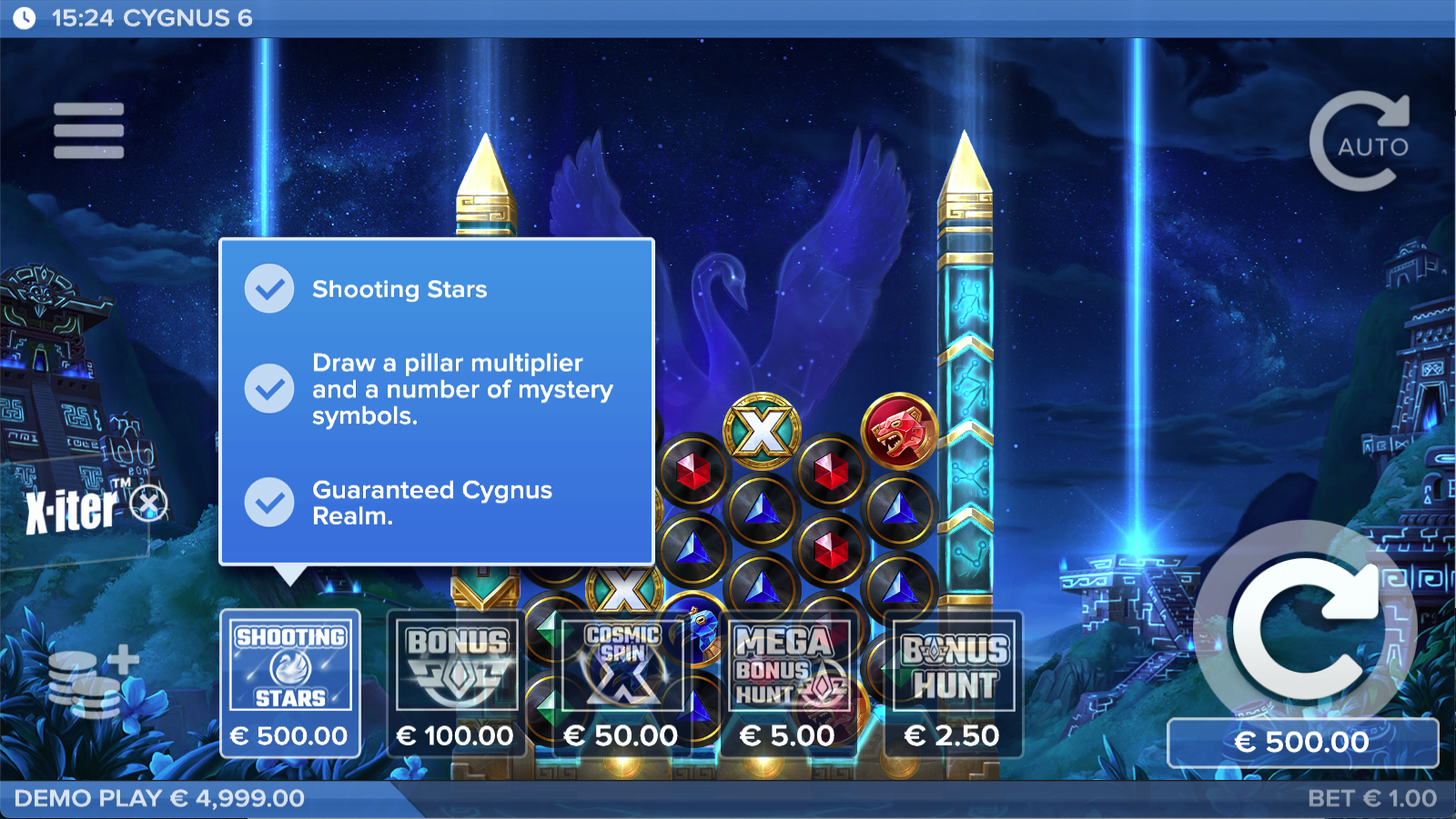 Cygnus 6 X-iter opties Start Stars Bonus Hunt Cygnus X Mega Bonus Hunt
