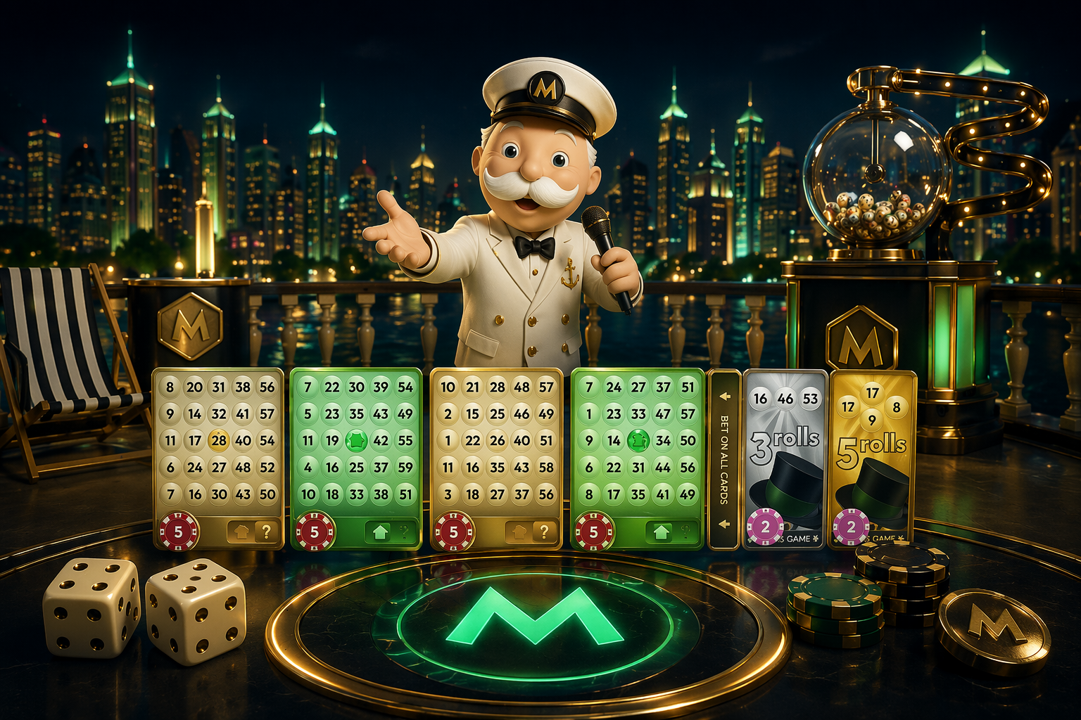 Monopoly Big Baller rivierboot setting met MR MONOPOLY en augmented reality live casino show