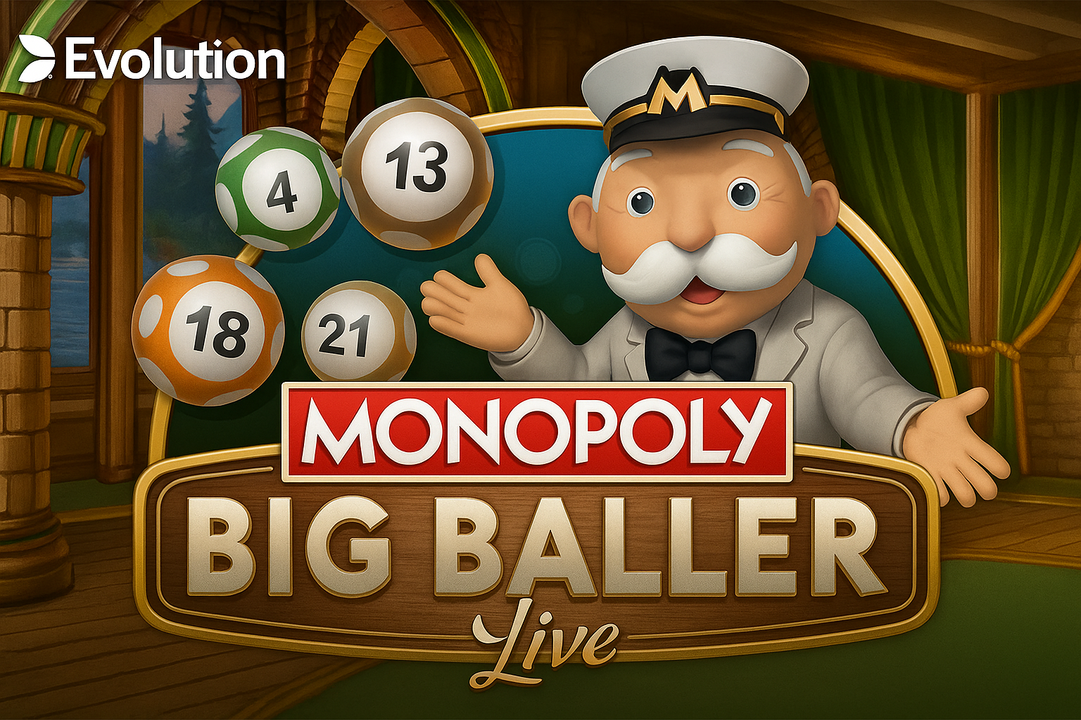 Monopoly Big Baller Evolution Gaming review met MR MONOPOLY bingo ball drawing machine en live game show setting