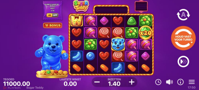 Sugar Teddy x1000 snoep thema met teddy paarse achtergrond en glanzende symbolen