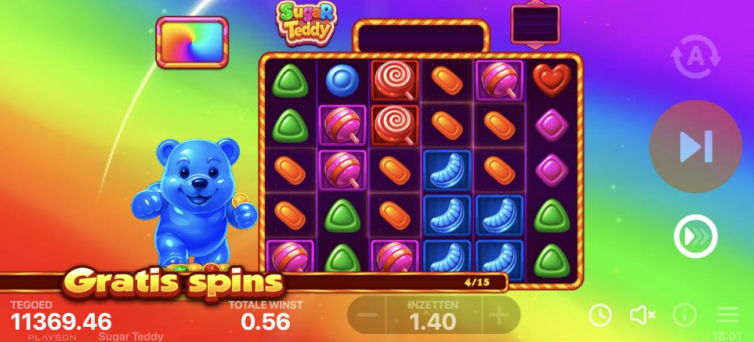 Sugar Teddy Gratis Spins bonus met kleurrijke regenboog achtergrond en multipliers
