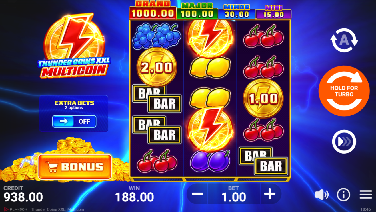Thunder Coins XXL: MULTICOIN thema met bliksem fruit coins en rode MULTICOIN