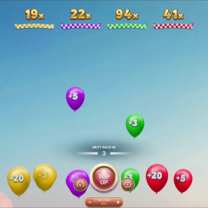Balloon Race Top-Up slot met stijgende ballonnen bonuswaarden en multipliers voor de live race