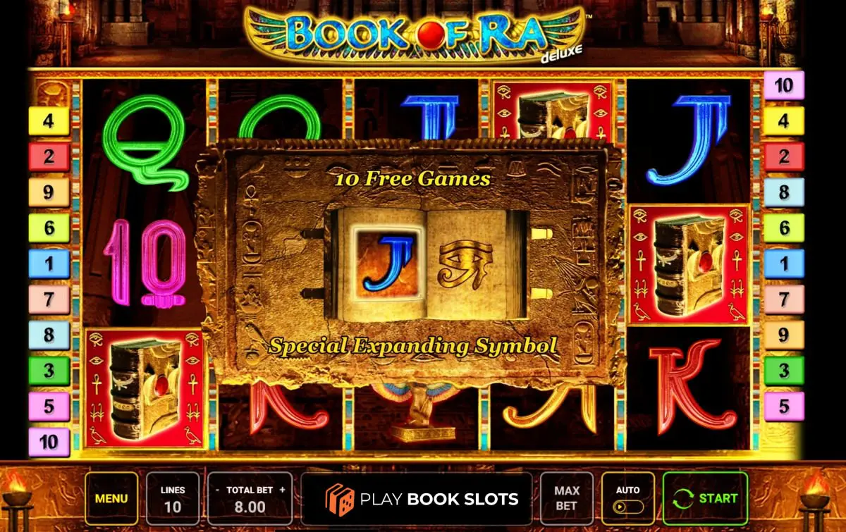 Book of Ra deluxe gameplay met expanding symbol en Egyptische tempel