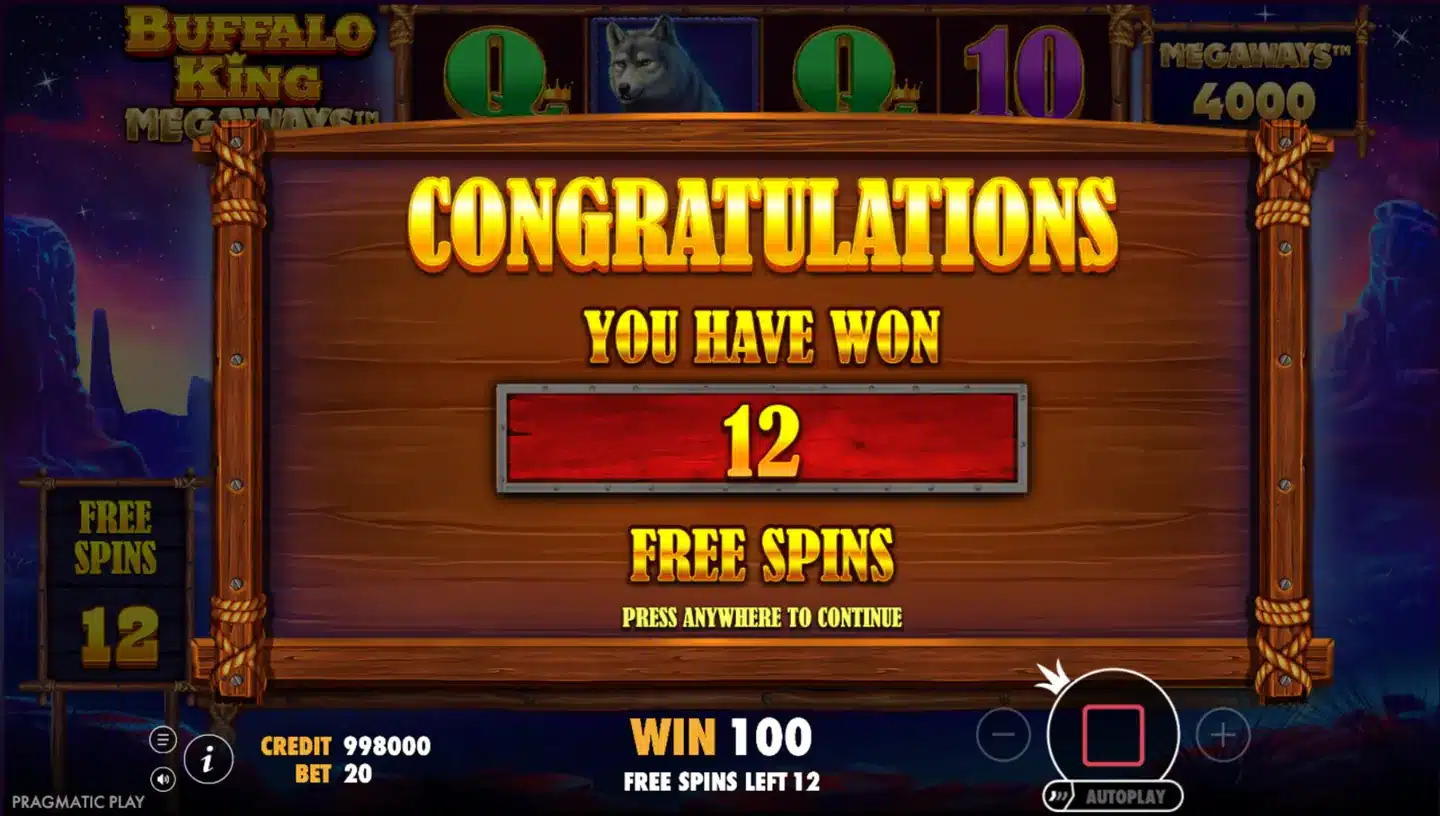 Buffalo King Megaways 12 free spins bonus win