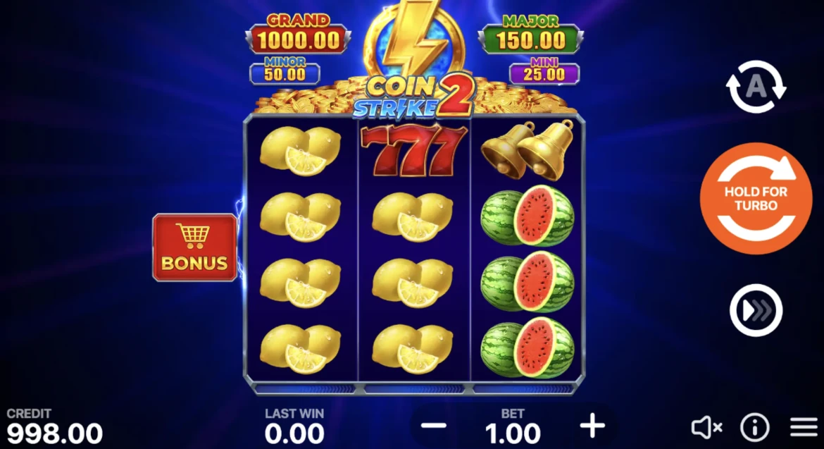 Coin Strike 2 Hold and Win thema met fruit symbolen munten en bliksem