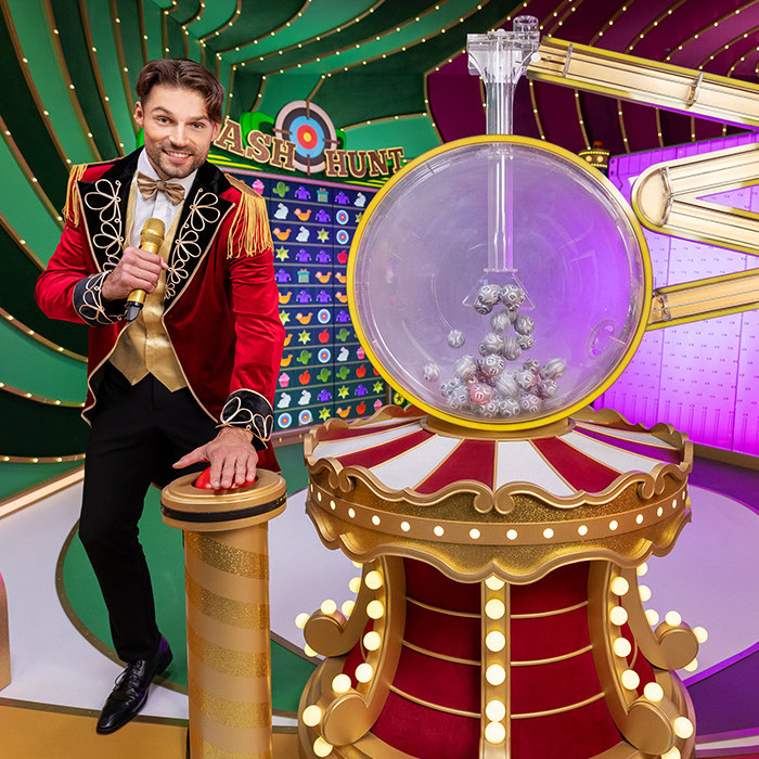 Crazy Balls main game met ball drawing machine 20 nummers van 1 tot 60 en bingo kaarten