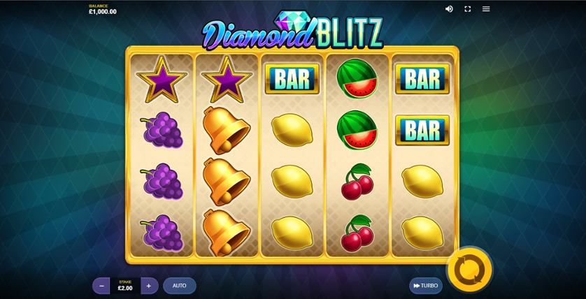 Diamond Blitz 5x4 speelveld met 20 winlijnen en klassieke slot symbolen