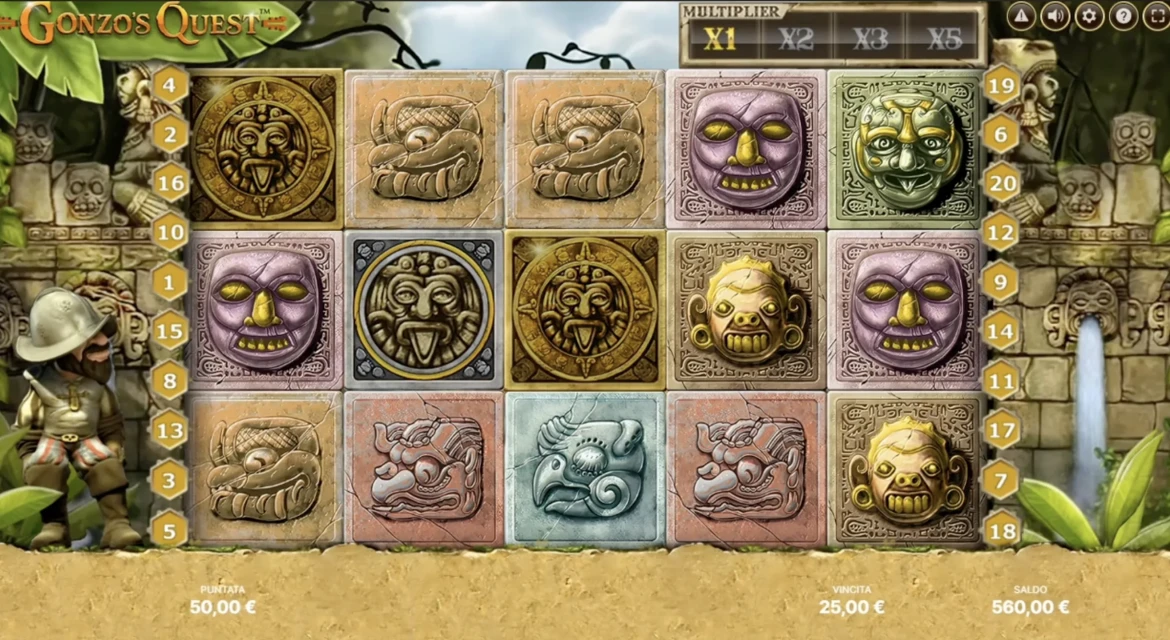 Gonzo's Quest symbolen met stenen blokken wilds scatters en gouden idolen