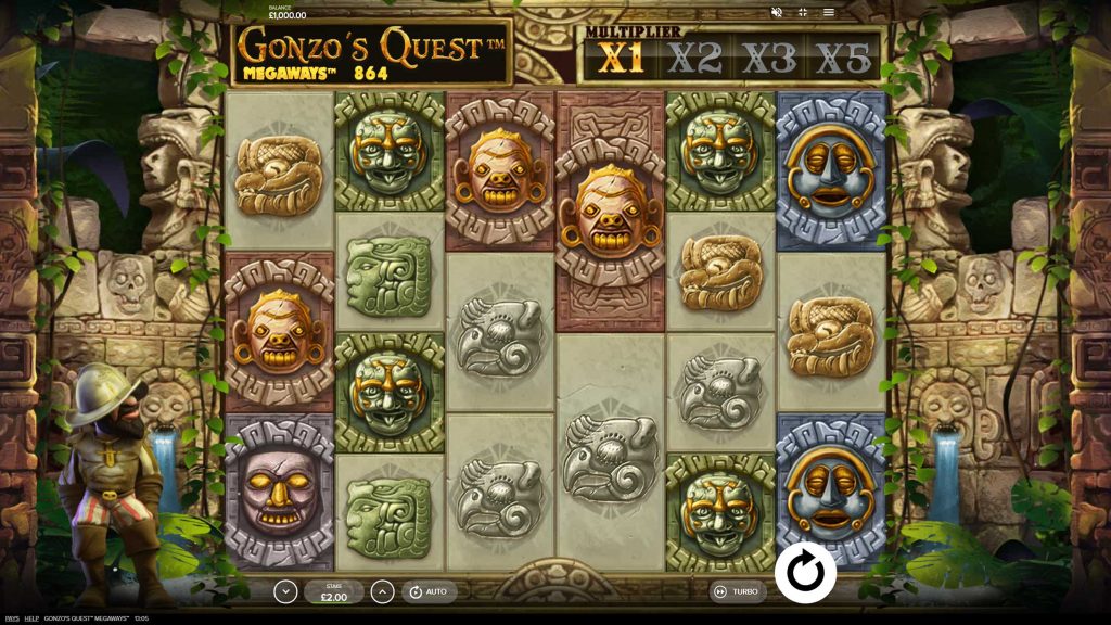 Gonzo's Quest Megaways 6 rollen 7 rijen Megaways speelveld met jungle en stenen symbolen
