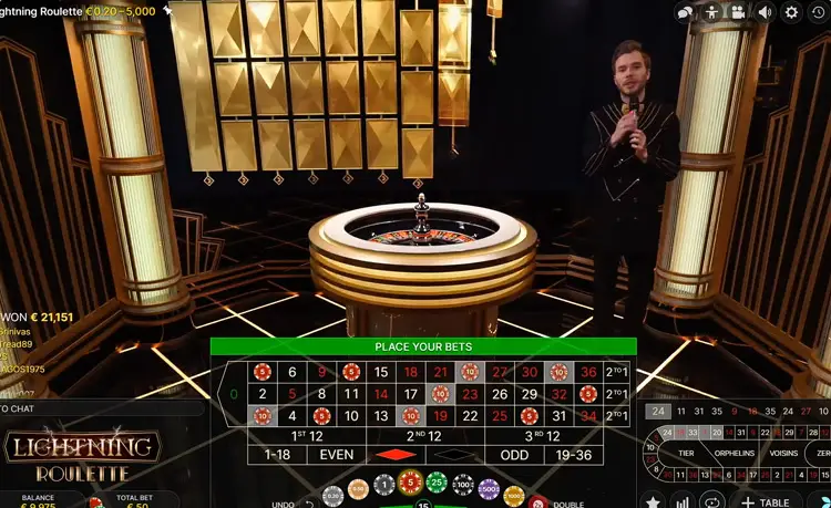 Lightning Roulette Art Deco studio met live dealer en bliksem effecten