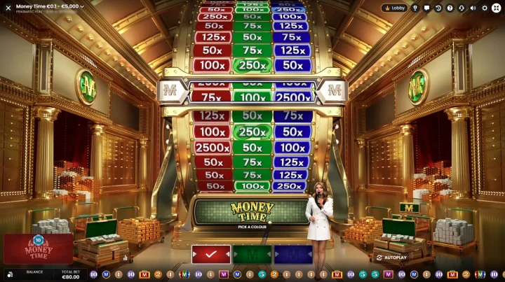 Money Time bonusgame gouden vault rode groene blauwe kleur respins en 29000x max multiplier