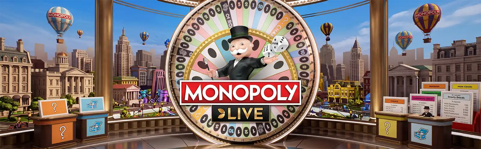 MONOPOLY Live studio met Evolution host MR MONOPOLY en verticaal money wheel