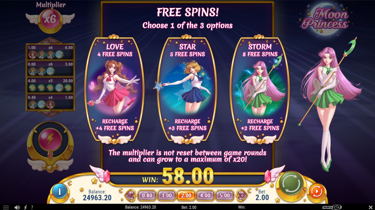 Moon Princess 5x5 grid cascading wins en oplopende multiplier uitleg