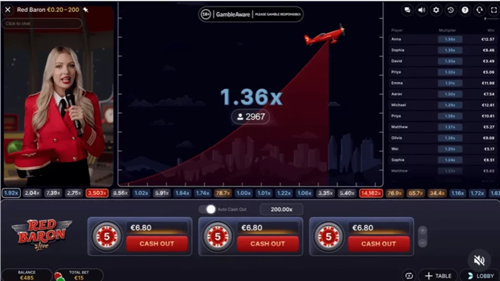Red Baron gameplay met stijgende multiplier vliegtuig en cash out knop