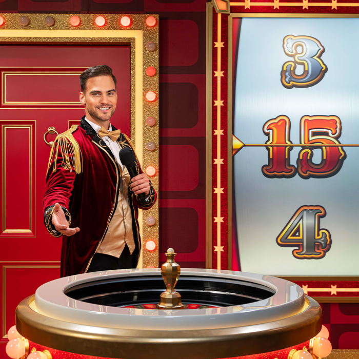 Red Door Roulette live studio met rode deur roulettewiel en kleurrijke game show sfeer