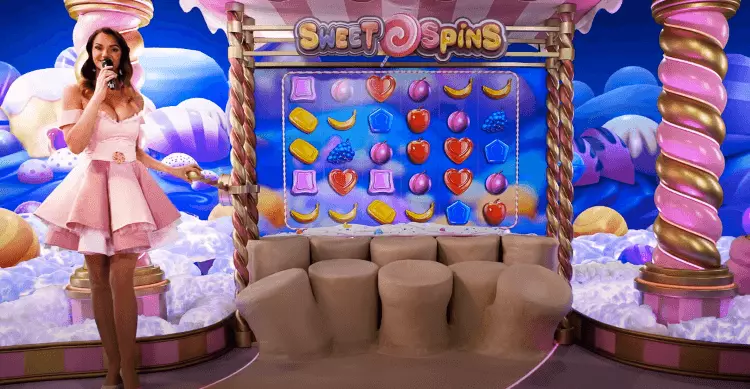 Sweet Bonanza CandyLand wheel met 1 2 5 Sweet Spins Candy Drop Bubble Surprise en Sugar Bomb