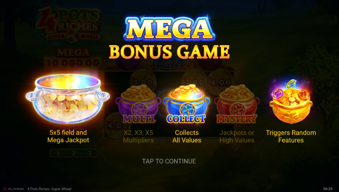 4 Pots Riches Super Wheel gameplay van Playson met jackpot potten en munten