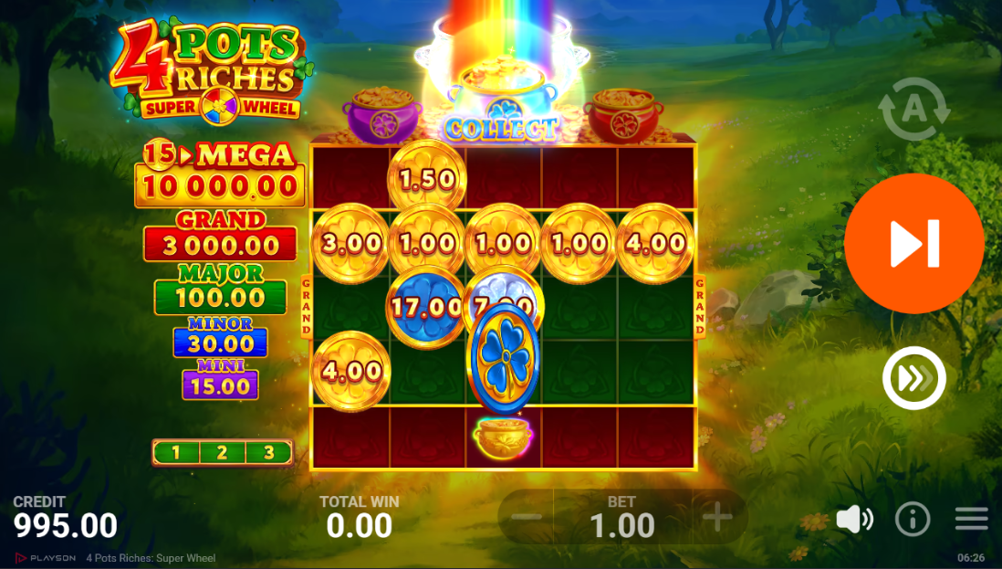 4 Pots Riches Super Wheel Mega Bonus Game met 5x5 speelveld en jackpotmunten