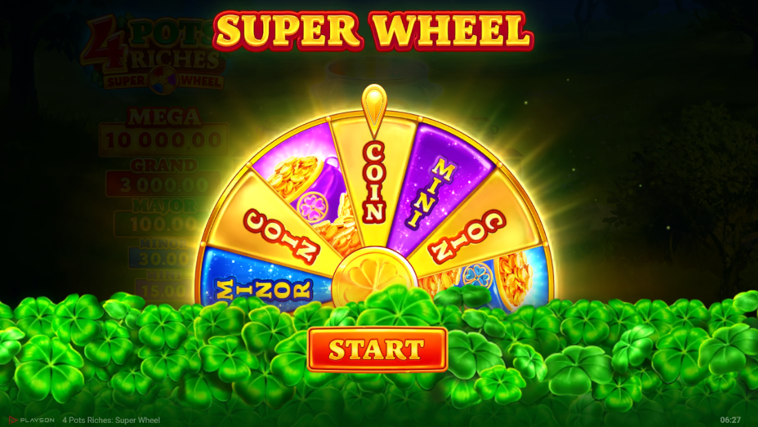 4 Pots Riches Super Wheel Feature met draaiend rad en bonusprijzen