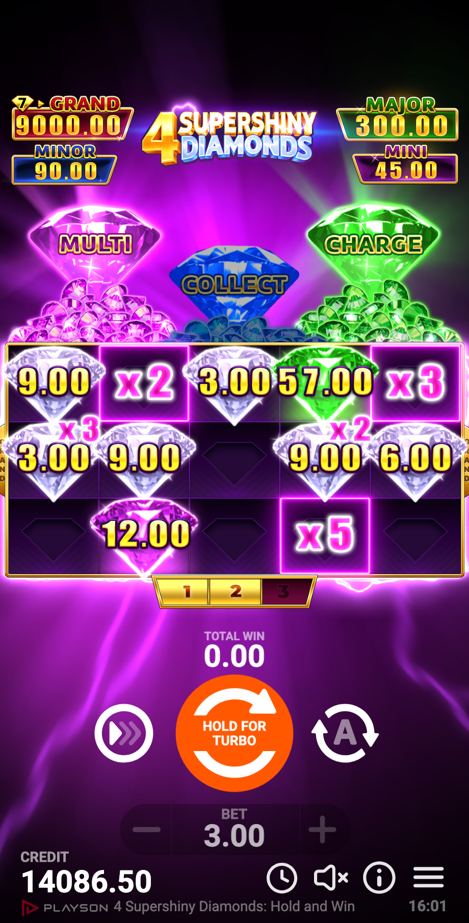 Hold and Win Bonus Game met vastgezette Diamonds en drie respins