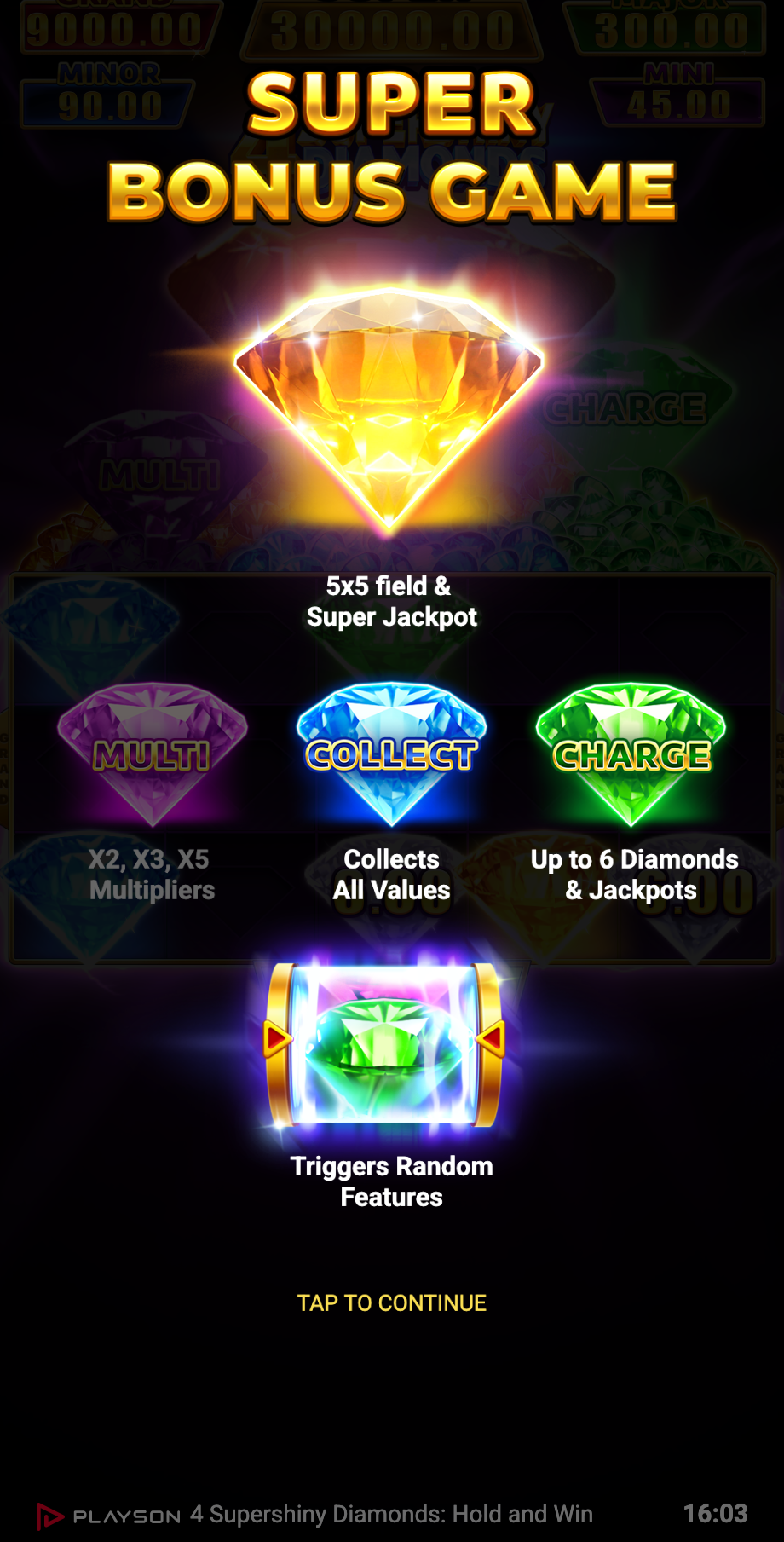 Bonus Game Activated met gekleurde Diamond-features
