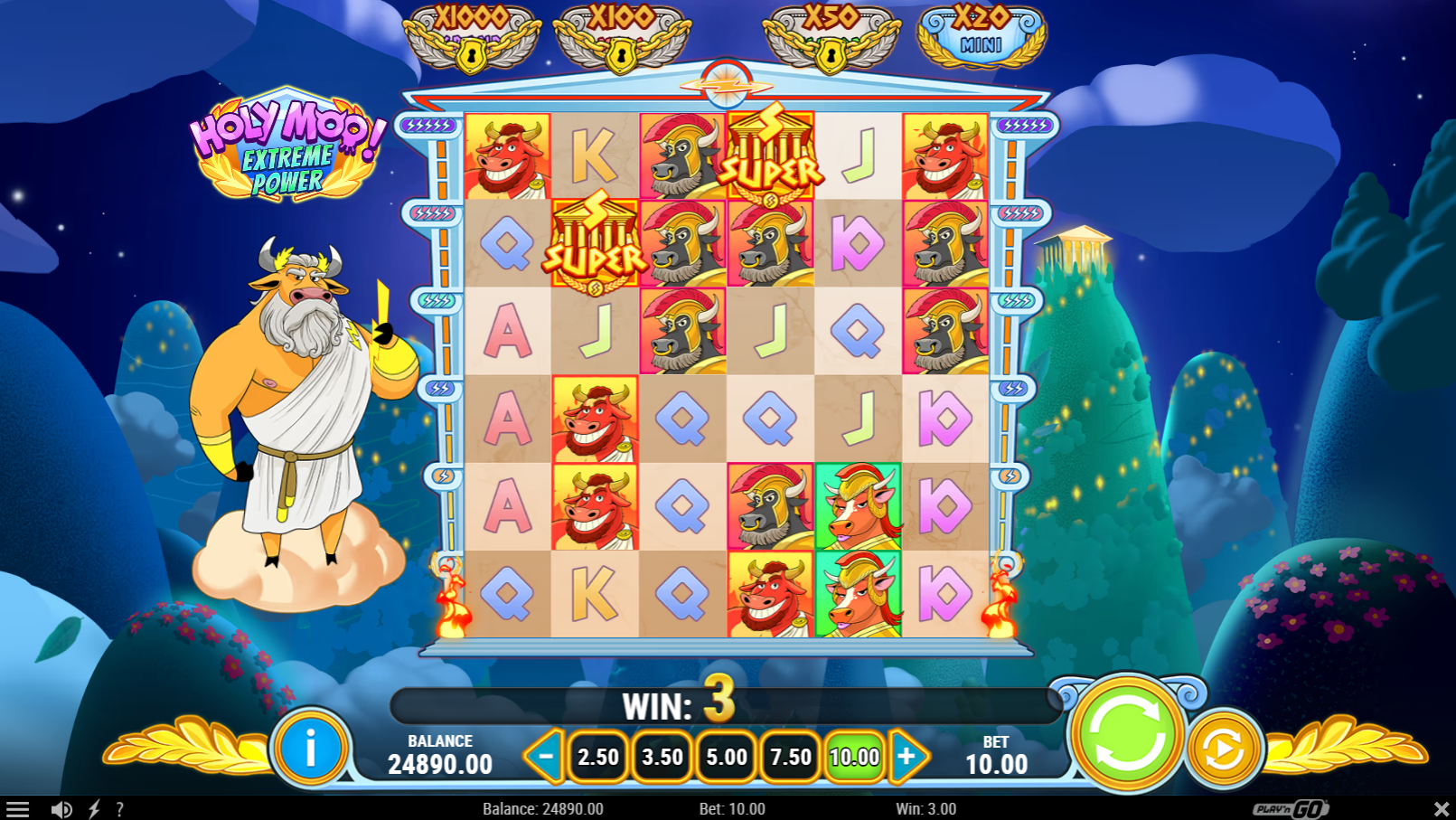 Basisspel van Holy Moo Extreme Power met Moo-ighty Zeus naast het 6x6-speelveld