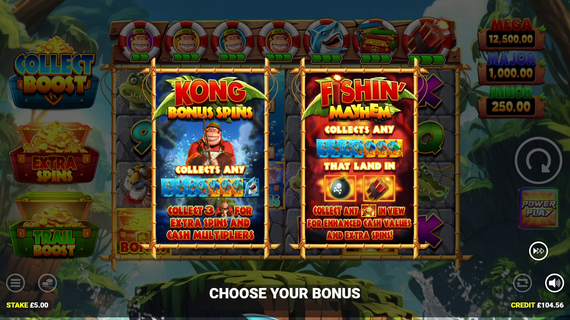 Keuzescherm voor Kong Bonus Spins en Fishin Mayhem