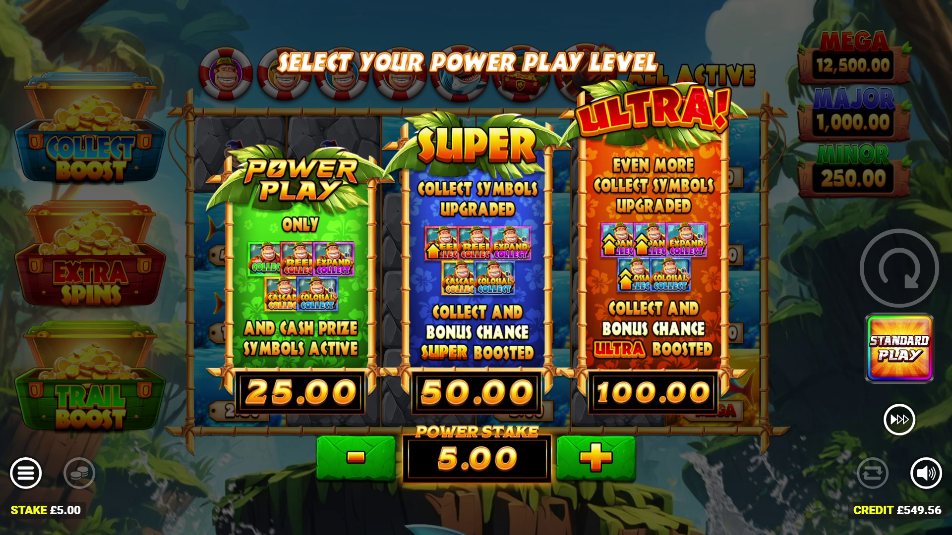 Selectie van Standard, Super en Ultra Power Play met verhoogde inzet