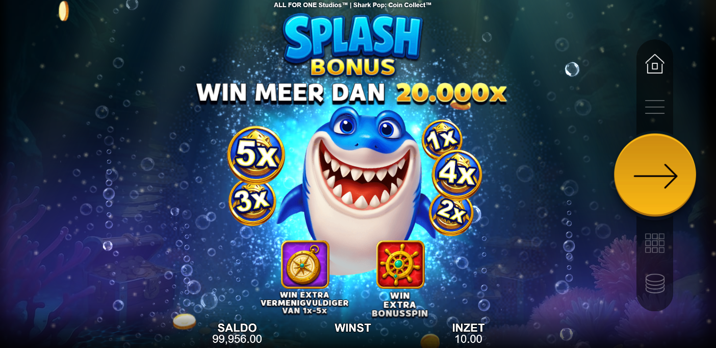 Splash Bonus geactiveerd met drie respins en een startmultiplier