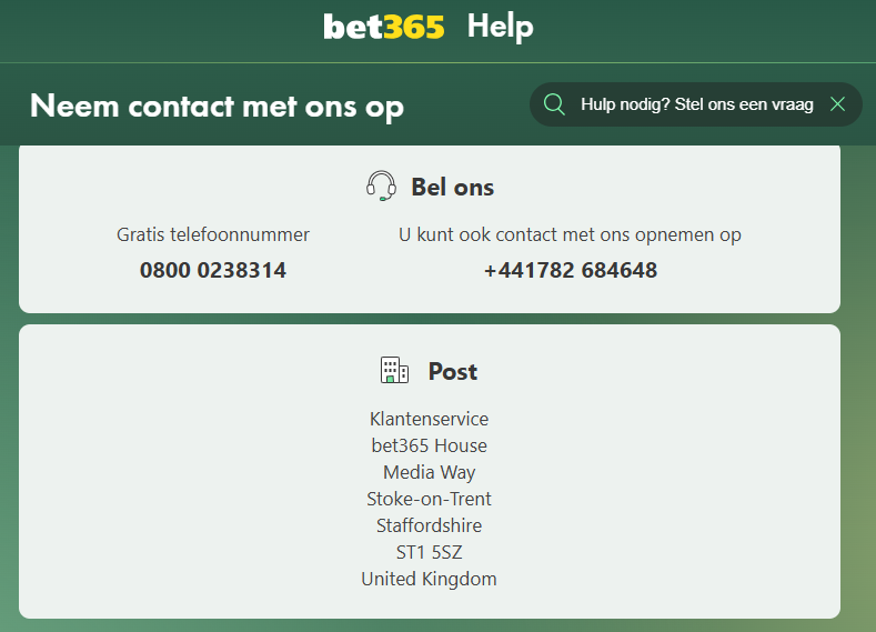 Screenshot van bet365 Helpdesk waarop het niet-werkende gratis Nederlandse nummer staat