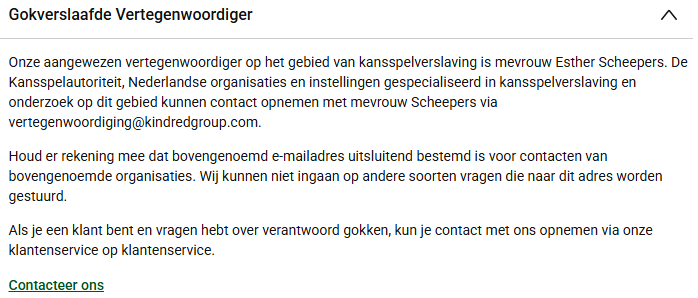 Unibet-pagina met de opmerkelijke kop Gokverslaafde Vertegenwoordiger