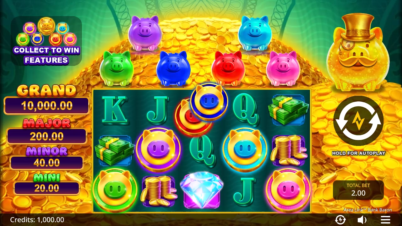 Basisspel van Area Link Bank Baron met twintig winlijnen en gekleurde Coin-symbolen