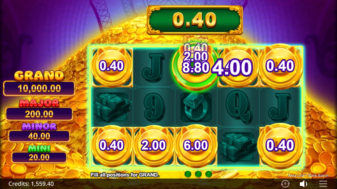 Area Link-feature op &eacute;&eacute;n speelveld met vaste Coins en drie resterende respins