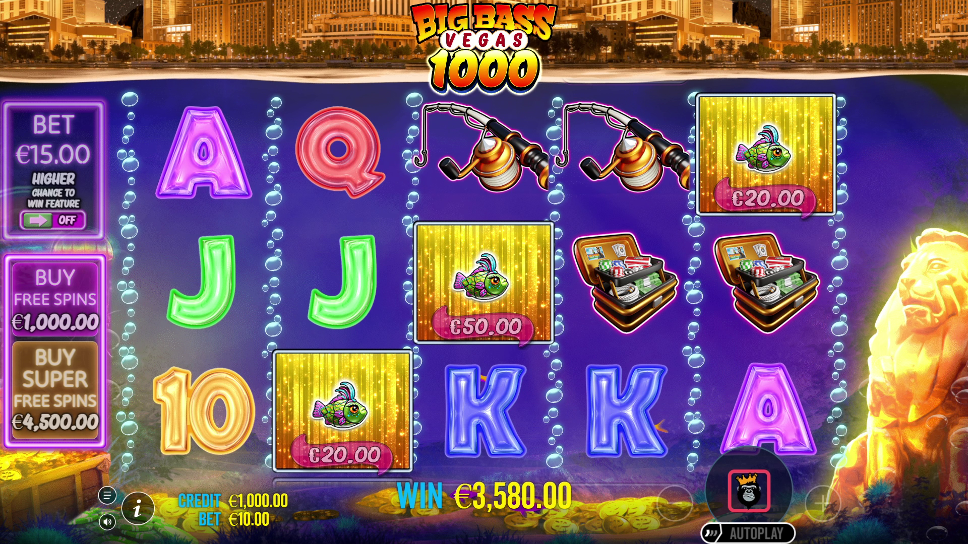 Basisspel van Big Bass Vegas 1000 met vijf rollen en tien winlijnen