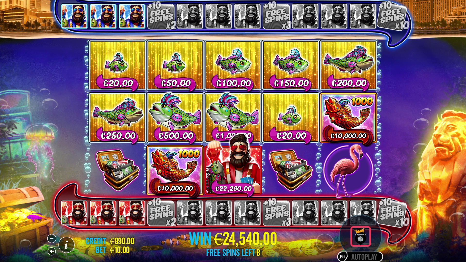 Free Spins van Big Bass Vegas 1000 met rode en blauwe Fisherman Wilds